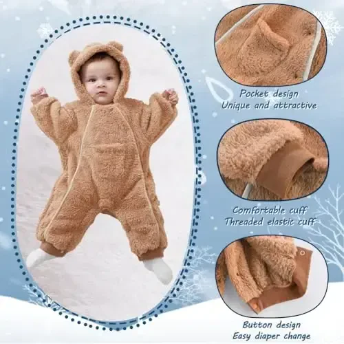 AiWMGL Newborn Baby Bear Outfit Suit Girls Boys Fleece Jumpsuit Romper Hooded Coat Winter Clothes Outwear Snowsuit - 5