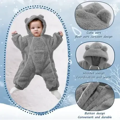 AiWMGL Newborn Baby Bear Outfit Suit Girls Boys Fleece Jumpsuit Romper Hooded Coat Winter Clothes Outwear Snowsuit - 4