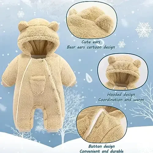 AiWMGL Newborn Baby Bear Outfit Suit Girls Boys Fleece Jumpsuit Romper Hooded Coat Winter Clothes Outwear Snowsuit - 5