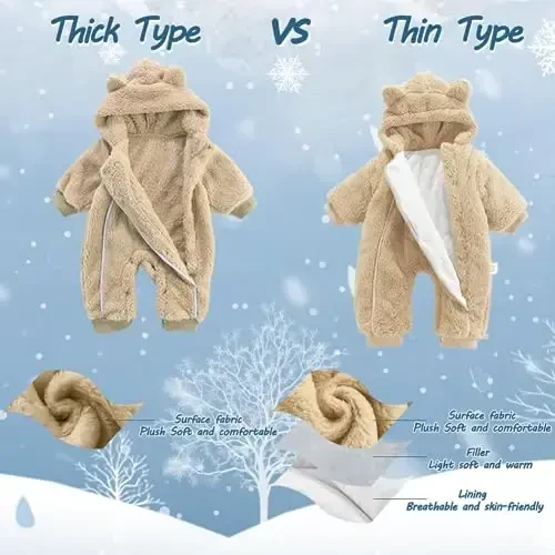 AiWMGL Newborn Baby Bear Outfit Suit Girls Boys Fleece Jumpsuit Romper Hooded Coat Winter Clothes Outwear Snowsuit - 2