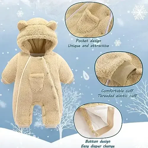 AiWMGL Newborn Baby Bear Outfit Suit Girls Boys Fleece Jumpsuit Romper Hooded Coat Winter Clothes Outwear Snowsuit - 4