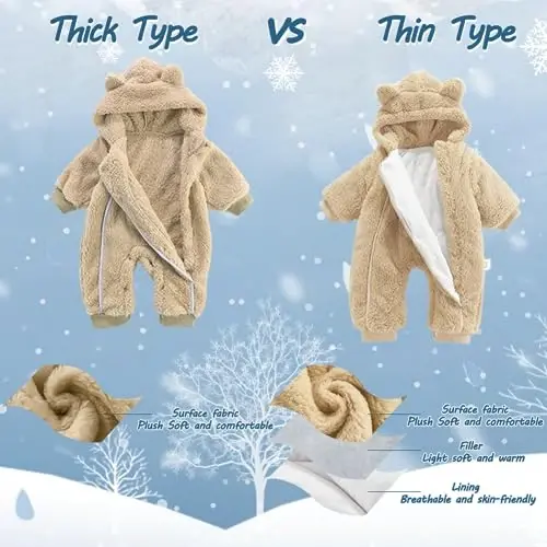 AiWMGL Newborn Baby Bear Outfit Suit Girls Boys Fleece Jumpsuit Romper Hooded Coat Winter Clothes Outwear Snowsuit - 2