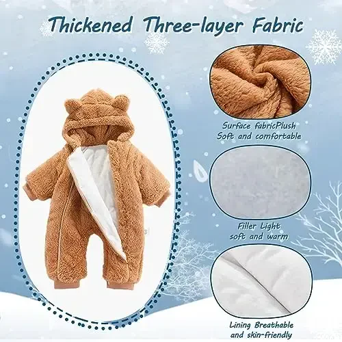 AiWMGL Newborn Baby Bear Outfit Suit Girls Boys Fleece Jumpsuit Romper Hooded Coat Winter Clothes Outwear Snowsuit - 2