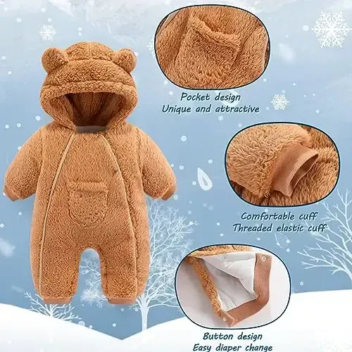 AiWMGL Newborn Baby Bear Outfit Suit Girls Boys Fleece Jumpsuit Romper Hooded Coat Winter Clothes Outwear Snowsuit - 4