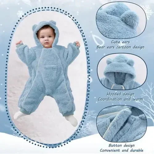 AiWMGL Newborn Baby Bear Outfit Suit Girls Boys Fleece Jumpsuit Romper Hooded Coat Winter Clothes Outwear Snowsuit - 4