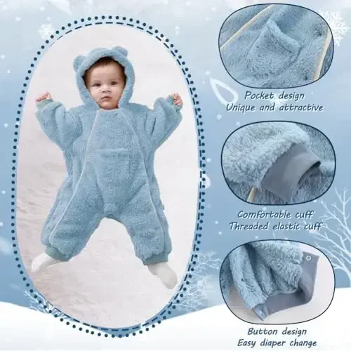 AiWMGL Newborn Baby Bear Outfit Suit Girls Boys Fleece Jumpsuit Romper Hooded Coat Winter Clothes Outwear Snowsuit - 5