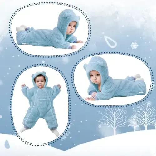AiWMGL Newborn Baby Bear Outfit Suit Girls Boys Fleece Jumpsuit Romper Hooded Coat Winter Clothes Outwear Snowsuit - 6