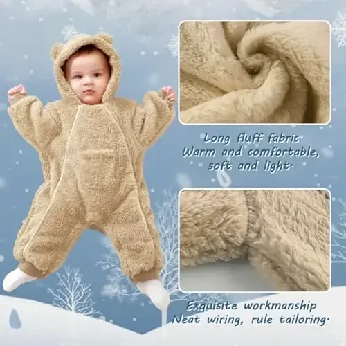 AiWMGL Newborn Baby Bear Outfit Suit Girls Boys Fleece Jumpsuit Romper Hooded Coat Winter Clothes Outwear Snowsuit - 3