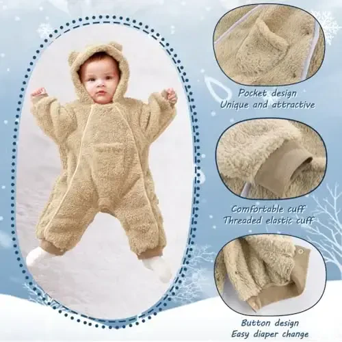 AiWMGL Newborn Baby Bear Outfit Suit Girls Boys Fleece Jumpsuit Romper Hooded Coat Winter Clothes Outwear Snowsuit - 5
