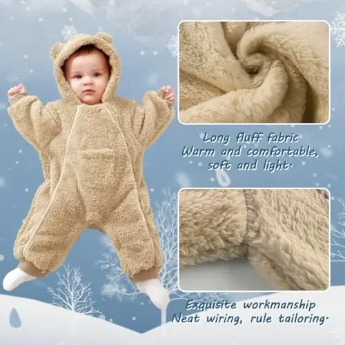 AiWMGL Newborn Baby Bear Outfit Suit Girls Boys Fleece Jumpsuit Romper Hooded Coat Winter Clothes Outwear Snowsuit - 3