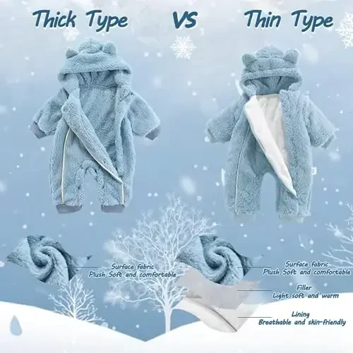AiWMGL Newborn Baby Bear Outfit Suit Girls Boys Fleece Jumpsuit Romper Hooded Coat Winter Clothes Outwear Snowsuit - 2