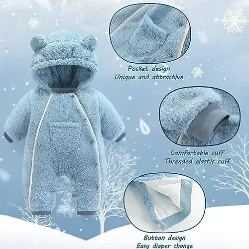 AiWMGL Newborn Baby Bear Outfit Suit Girls Boys Fleece Jumpsuit Romper Hooded Coat Winter Clothes Outwear Snowsuit - 4