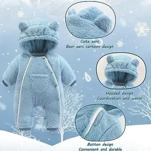 AiWMGL Newborn Baby Bear Outfit Suit Girls Boys Fleece Jumpsuit Romper Hooded Coat Winter Clothes Outwear Snowsuit - 5