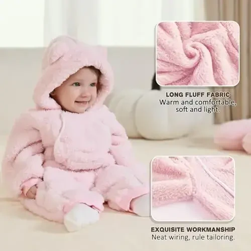 AiWMGL Newborn Baby Bear Outfit Suit Girls Boys Fleece Jumpsuit Romper Hooded Coat Winter Clothes Outwear Snowsuit - 3