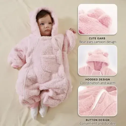 AiWMGL Newborn Baby Bear Outfit Suit Girls Boys Fleece Jumpsuit Romper Hooded Coat Winter Clothes Outwear Snowsuit - 4