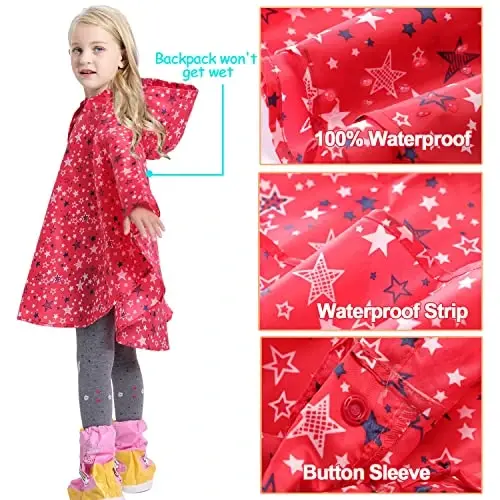 AIWUHE Kids Rain Poncho Cartoon Raincoat Jacket Cute Rain Coat Toddler Boys Girls Rain Cape Light Waterproof Hoodie Outwear - 4