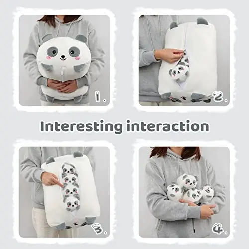 AIXINI Cute Panda Mommy Stuffed Animal with 4 Little Baby Pandas Plush, Super Soft Cartoon Hugging Pillow Toy - 3