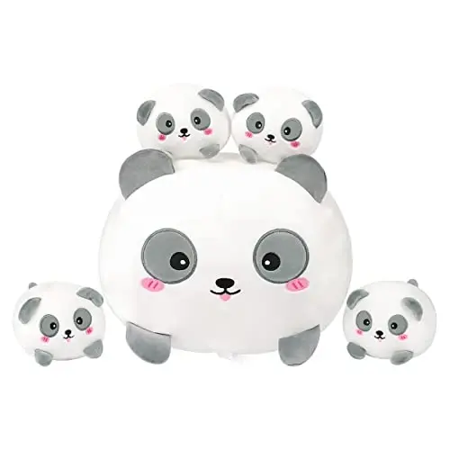 AIXINI Cute Panda Mommy Stuffed Animal with 4 Little Baby Pandas Plush, Super Soft Cartoon Hugging Pillow Toy - 1