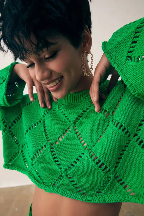 Ajurli Crop Triko - Yashil - 3