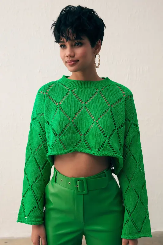 Ajurli Crop Triko - Yashil - SATEEN