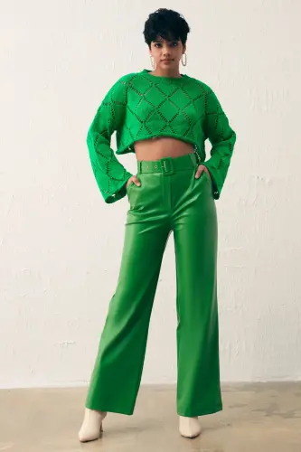 Ajurli Crop Triko - Yashil - 4