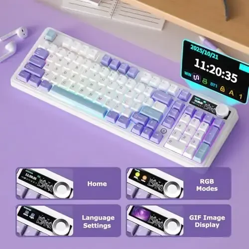 AK980 97Keys Tri-Mode Full Mechanical Keyboard, Gasket-Mounted, Hot-Swappable, 1.14” TFT Smart Display, Bluetooth 5.1/2.4G Wireless/Wired, PBT Keycaps RGB Backlit (Purple, Qingyun Tactile Switch) - 3