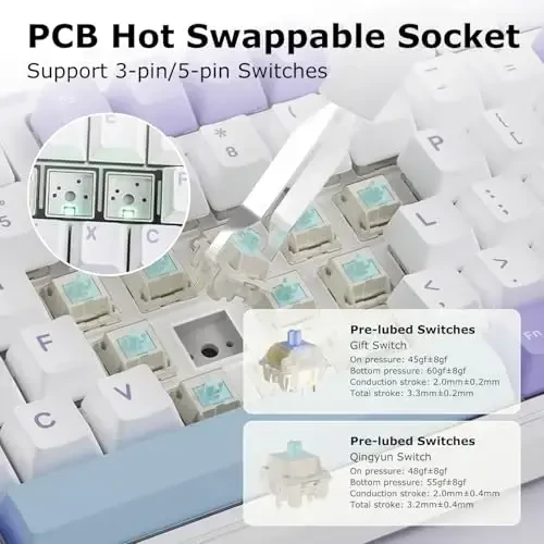 AK980 97Keys Tri-Mode Full Mechanical Keyboard, Gasket-Mounted, Hot-Swappable, 1.14” TFT Smart Display, Bluetooth 5.1/2.4G Wireless/Wired, PBT Keycaps RGB Backlit (Purple, Qingyun Tactile Switch) - 5