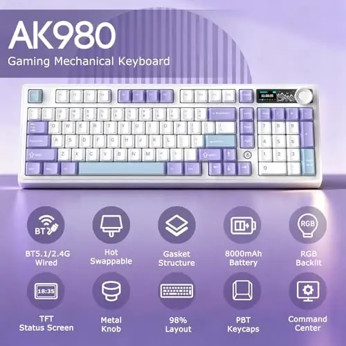 AK980 97Keys Tri-Mode Full Mechanical Keyboard, Gasket-Mounted, Hot-Swappable, 1.14” TFT Smart Display, Bluetooth 5.1/2.4G Wireless/Wired, PBT Keycaps RGB Backlit (Purple, Qingyun Tactile Switch) - 2
