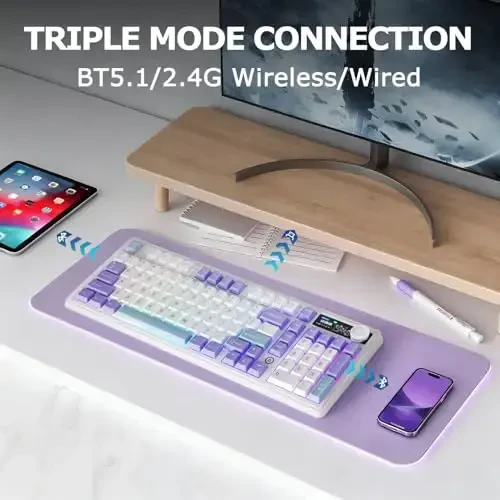 AK980 97Keys Tri-Mode Full Mechanical Keyboard, Gasket-Mounted, Hot-Swappable, 1.14” TFT Smart Display, Bluetooth 5.1/2.4G Wireless/Wired, PBT Keycaps RGB Backlit (Purple, Qingyun Tactile Switch) - 4