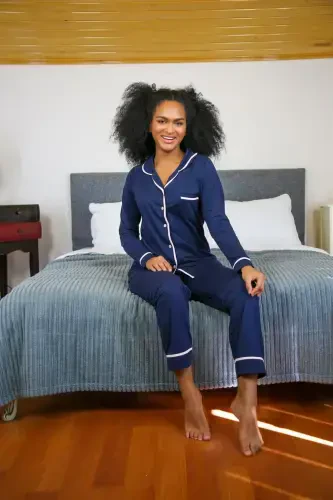 Akbeniz Ayollar 100% Paxta Futbolka Oldindan Tugmali Uzun Qisma Pijama Kostyumi 2713 - 2