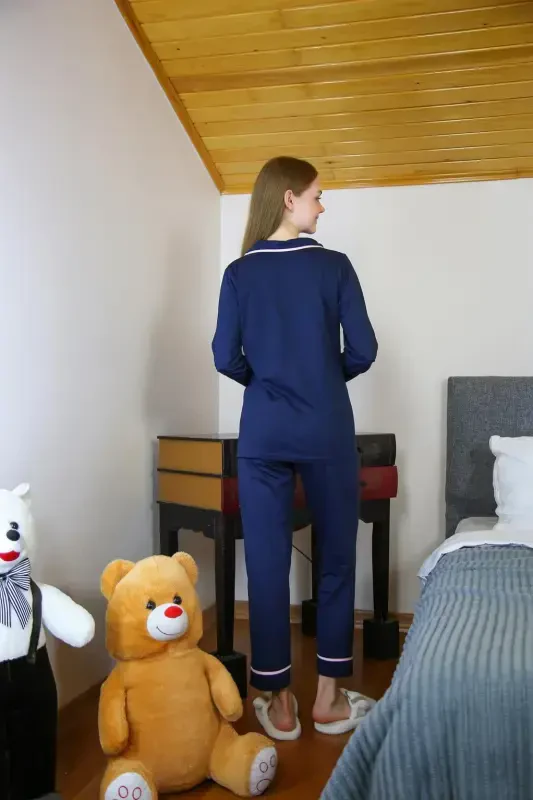 Akbeniz Ayollar 100% Paxta Futbolka Oldindan Tugmali Uzun Qisma Pijama Kostyumi 2713 - 5