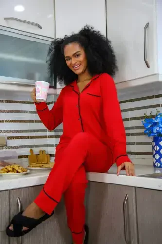 Akbeniz Ayollar 100% Paxta Futbolka Oldindan Tugmali Uzun Qisma Pijama To'plami 2714 - AKBENIZ (1)