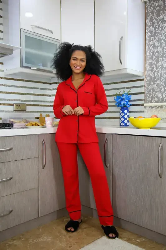 Akbeniz Ayollar 100% Paxta Futbolka Oldindan Tugmali Uzun Qisma Pijama To'plami 2714 - 3