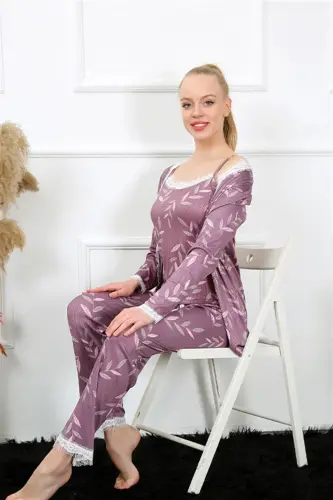 Akbeniz Ayollar 3 dona Binafsha Xalat Pijama To'plami 16103 - AKBENIZ (1)