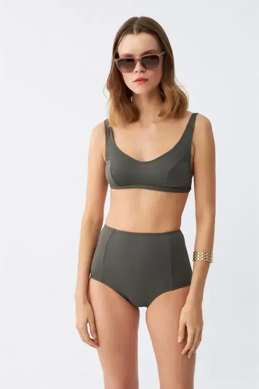 Akbeniz Ayollar Asosiy Haki Pedli Yüksek Bel Bikini To'plami - 2