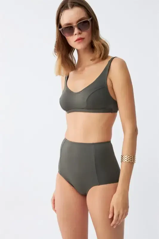 Akbeniz Ayollar Asosiy Haki Pedli Yüksek Bel Bikini To'plami - 3