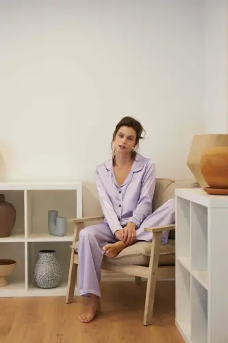 Akbeniz Ayollar Binafsha Katta Saten Pijama To'plami - 1