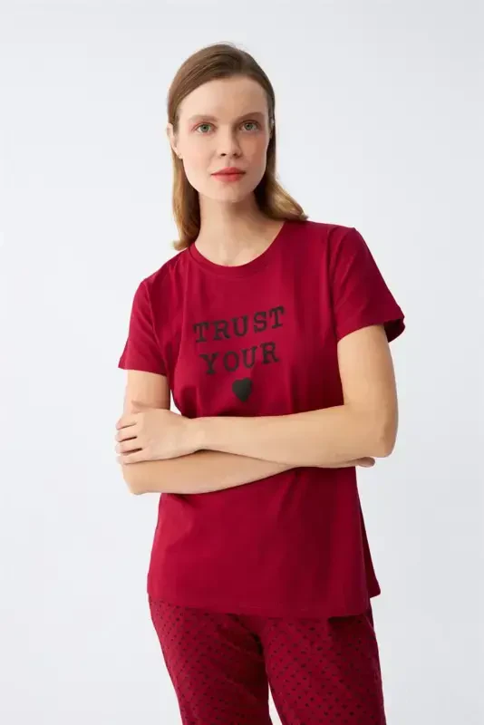 Akbeniz Ayollar Bordo Yurak Naqshli Qisqa Yengli Paxta Pijama To'plami - 1