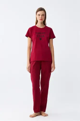 Akbeniz Ayollar Bordo Yurak Naqshli Qisqa Yengli Paxta Pijama To'plami - 4