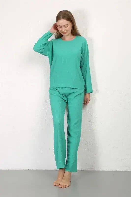 Akbeniz Ayollar Burmali Mato Pijama To'plami Yashil 4233 - AKBENIZ