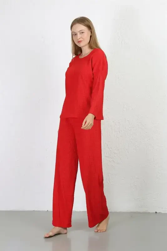 Akbeniz Ayollar Burmali Mato Pijama To'plami Qizil 4233 - 5