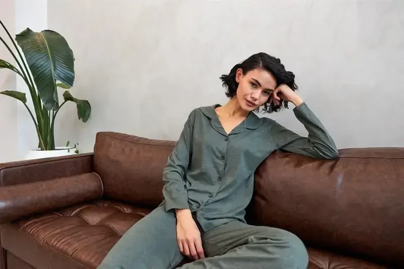 Akbeniz Ayollar Haki Tugmachali Paxtalik Pijama To‘plami - 8