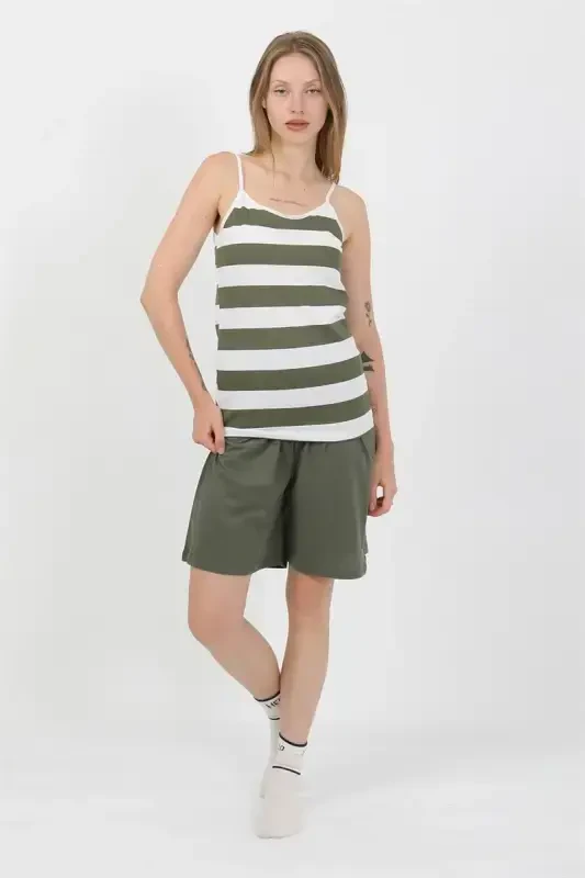 Akbeniz Ayollar Ip Askılı Paxta Penye Shortli Kostyum Xaki 3634 - 7