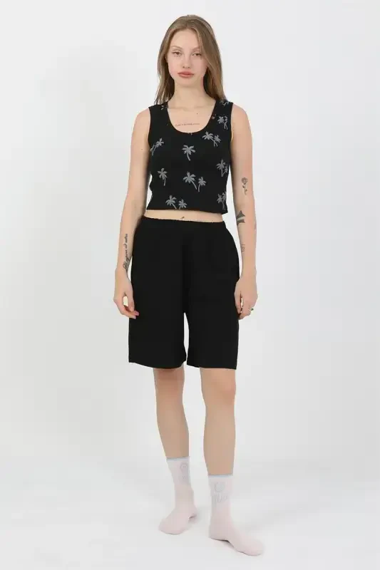 Akbeniz Ayollar Kalin Yelkali Paxta Penye Shortikli Crop To'plam Qora 3636 - 8