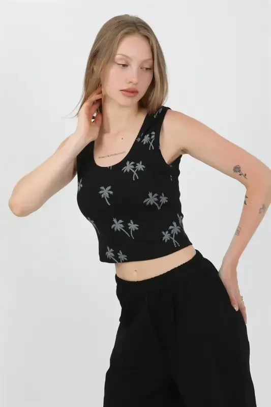 Akbeniz Ayollar Kalin Yelkali Paxta Penye Shortikli Crop To'plam Qora 3636 - 10