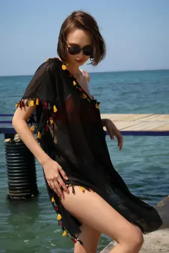 Akbeniz Ayollar Kashtali Tunik Pareo Plyaj Ko'ylagi Qora 38045 - AKBENIZ (1)