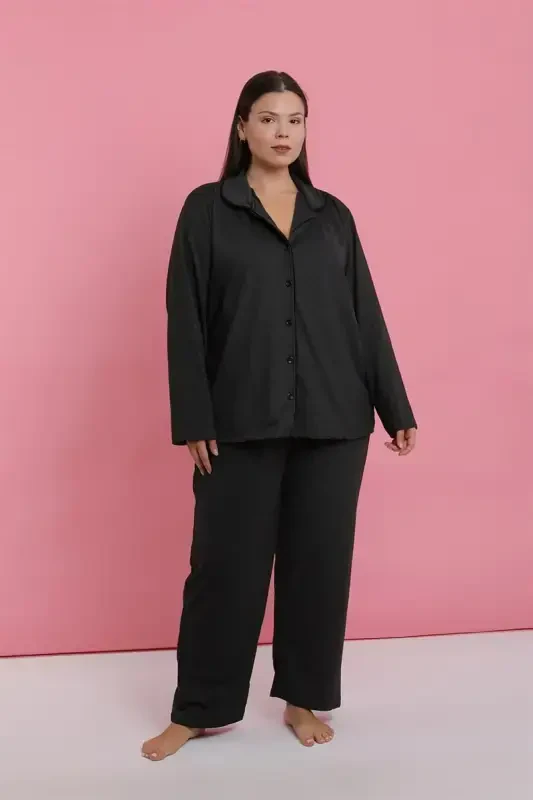 Akbeniz Ayollar Katta Beden Tutun Rangli Tugmachali Pijama To'plami - 1