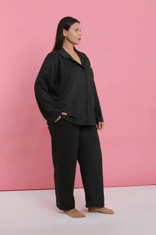 Akbeniz Ayollar Katta Beden Tutun Rangli Tugmachali Pijama To'plami - 3