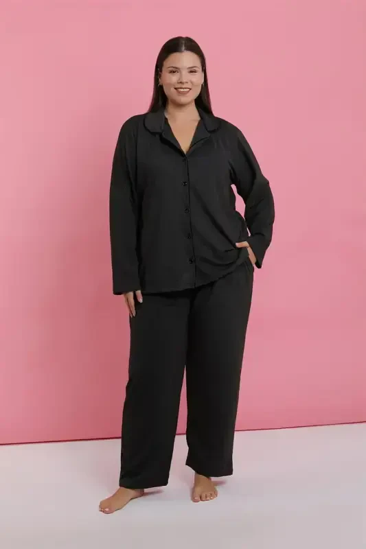 Akbeniz Ayollar Katta Beden Tutun Rangli Tugmachali Pijama To'plami - 5