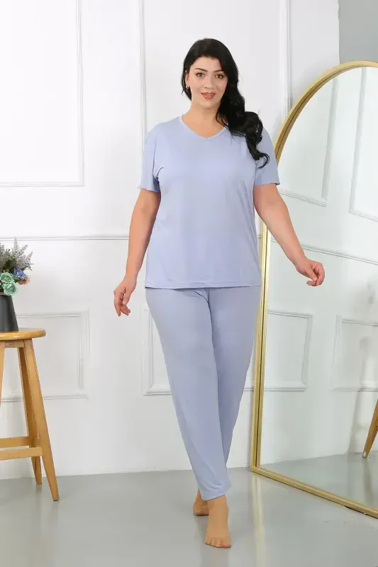 Akbeniz Ayollar Katta O'lcham Qisqa Yengli Paxta Pijama To'plami Lila 202405 - 1